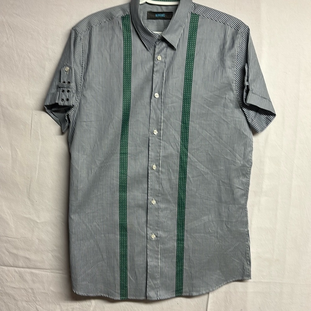 Versus by Versace Men’s Short Sleeve Button Down Shirt Blue Striped w/ Green L